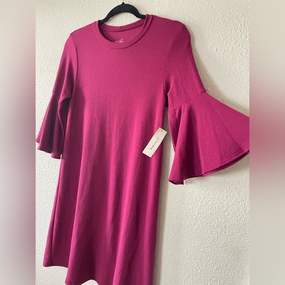 🚨NWT Francesca’s Alya Shirt Dress Womens S Burgundy 3/4 Bell Sleeve Flowy Casual - Picture 4 of 14